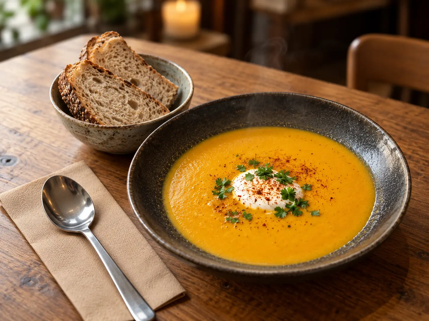 Spicy Kürbis-Kokossuppe mit Rahmtupfer, Petersilie und Chili im schwarzen Suppenteller, daneben Brot